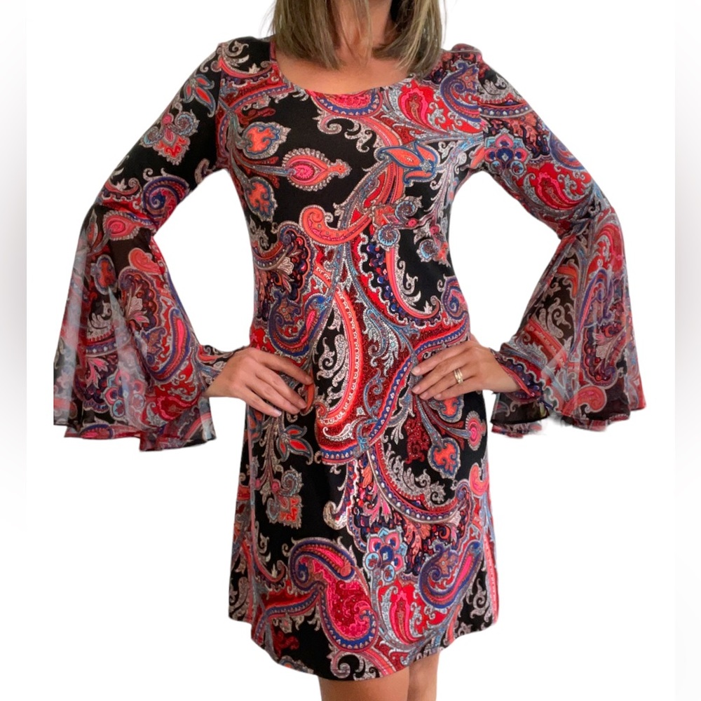MSK • Mini Dress Black Red Multi • Small • 3/4 Length Fan Bell Sleeve • Stretch